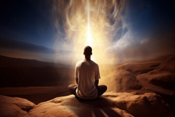 Man in yoga pose meditation in the desert with energy aura revealed 