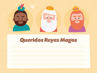 Funny vectorized letter. Dear wise men, written in Spanish.Kings of orient vectors on yellow background