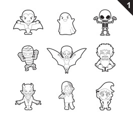 Halloween Characters Coloring Book Cute Cartoon Vector Set 1