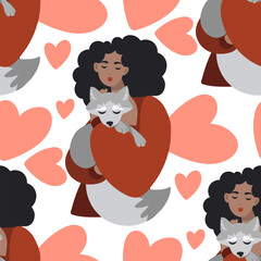 The pattern is a brunette girl with a white fox in her hands on a white background with hearts. A girl with an animal takes care of her neighbor. Animals in the hands of a curly brunette. cartoon girl