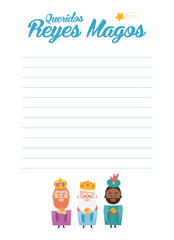 Funny vectorized letter. Dear wise men, written in Spanish.Kings of orient vectors