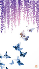 Sumi-e style illustration of cascading wisteria and flying butterflies on a white background. Translation of hieroglyph - eternity