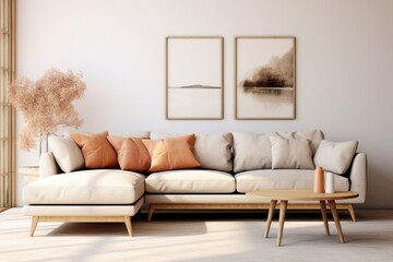modern living room with sofa with blanket and terra cotta pillows, hygge style home interior design