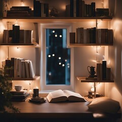 A cozy, contemporary reading nook with warm, indirect lighting and shelve full of books