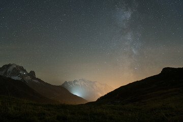 Milky Way over Mont Blanc Mountain. Starry Sky. Night Landscape. View from Col des Posettes, France.