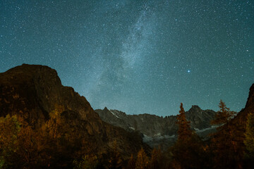 Milky Way over Mountains of Mont Blanc Massif. Switzerland. Starry Sky. Night Landscape.