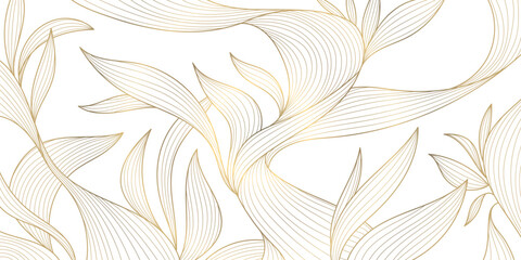 Vector art deco floral pattern, wavy luxury golden line background. Leaves texture, line design for interior, textile, poster, package, wrappers, gifts - obrazy, fototapety, plakaty