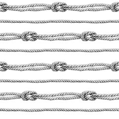 Seamless pattern of rope cords with knots. Hand drawn illustration graphics. Hand painted black elements on white background.	