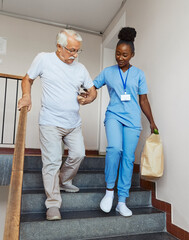 nurse senior woman home care patient elderly caregiver walking step staircase recovery health retirement man assistance nursing old help walk stair going out groceries shop - obrazy, fototapety, plakaty