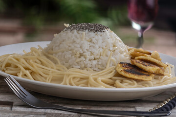 spaghetti with rice in close-up