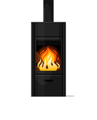 Wood stove, black fireplace with flame and burning firewood, free standing modern home heater with chimney, glass window. Vector flat cartoon illustration isolated on white background