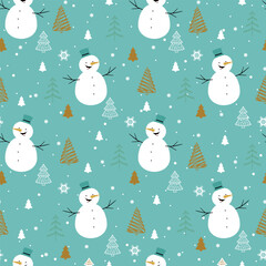 Christmas seamless pattern with smiling snowman, snowflakes and christmas tree