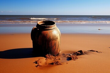 Water container on the sandy shoreline. Generative AI