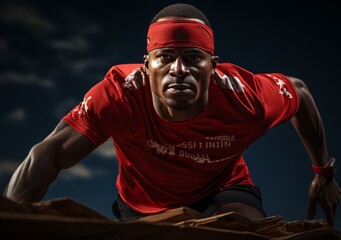 Close-up portrait of Athlete in red T-shirt