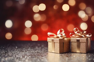 Fototapeta na wymiar Christmas gift box against golden lights and bokeh background