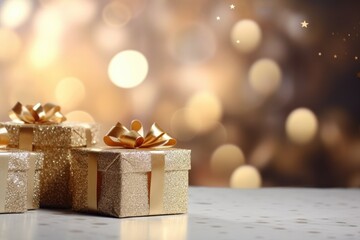 Obraz na płótnie Canvas Christmas gift box against golden lights and bokeh background