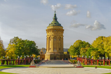 Mannheim, Germany. Panoramic view over old city water tower at Friedrich square in sunset golden...