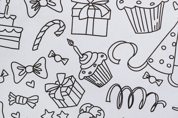 Arrière-plan avec motifs festifs - Coloriage anniversaire noir et blanc