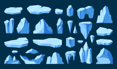 Ice pieces and glaciers. Cartoon frozen floating ice chunks, mountain icebergs and polar sea floe, winter climate concept. Vector isolated set of ice frozen illustration