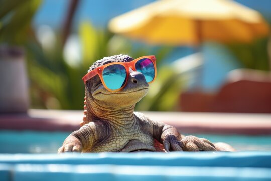 Charming Baby cute dinosaur in sunglasses. Lizard reptile. Generate Ai