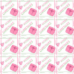seamless pattern with wording Merry Christmas, pink heart and gift box