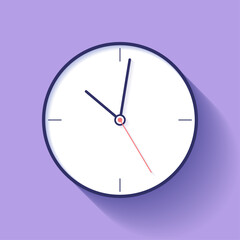 Clock icon in flat style, timer on purple background. Fine lines. Business watch. Vector design element for you project