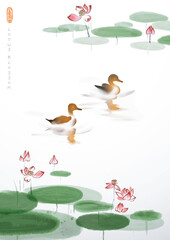 Ink painting with a pair of ducks gliding gracefully across serene waters and vibrant pink lotus flowers. Traditional oriental ink painting sumi-e, u-sin, go-hua.