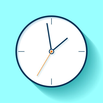 Clock icon in flat style, timer on blue background. Fine lines. Business watch. Vector design element for you project