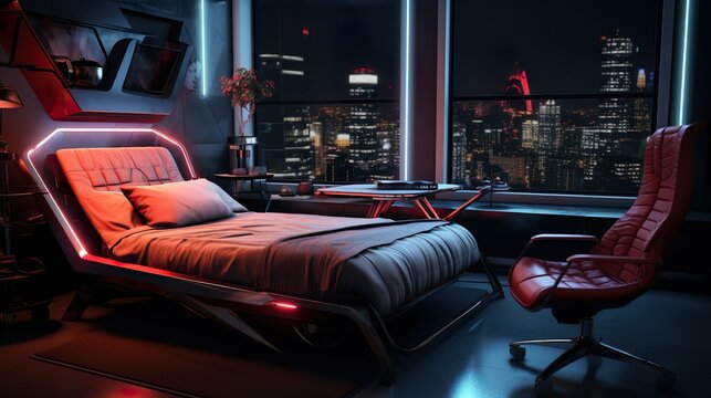 Fototapeta Bedroom interior with a single bed in a futuristic style against the backdrop of a large window and the city at night.