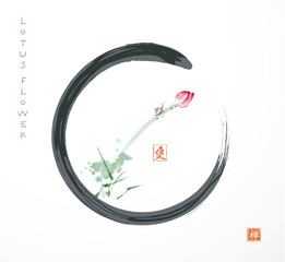 Minimalist oriental artwork featuring a delicate lotus bloom in black enso zen circle. Traditional oriental ink painting sumi-e, u-sin, go-hua. Translation of hieroglyph - zen
