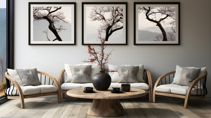 Sofa and barrel chairs against of wall with posters. Japanese style interior design of modern living room