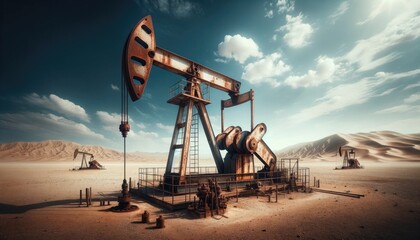 Photo of an old rusted crude oil pumpjack rig situated in a vast desert landscape
