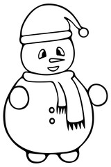 Snowman. Fairy-tale character with a carrot instead of a nose. Sketch. Vector illustration. Outline on isolated background. Doodle style. Coloring book for children. Winter fun. Modeling a snowman. 