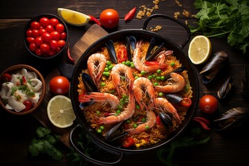 Arranged Spanish seafood paella ingredients, rice, prawns, mussels, peas on dark wooden background. Generative AI