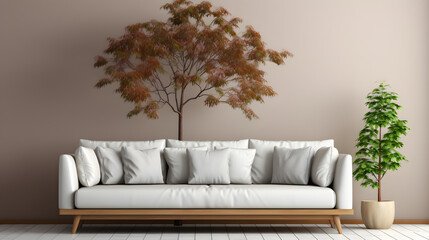Sofa and potted tree against beige wall with big blank mock up poster frame, scandinavian home interior design of modern living room