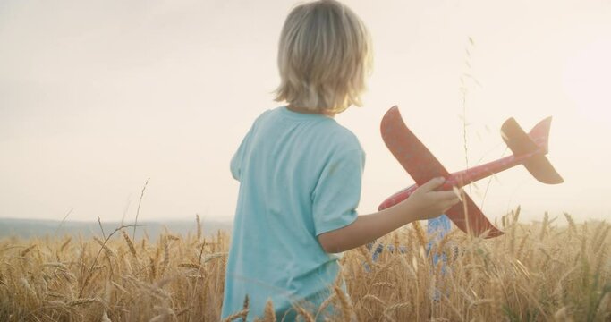 Child walk on wheat agricultural field holding toy airplane at countryside