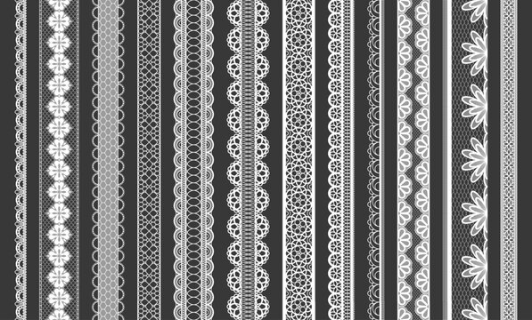 Lace stripes. Geometric border with romantic lace trim, vintage decorative trim, wedding tights and pantyhose. Vector isolated collection. Fashionable ornaments with embroidered details