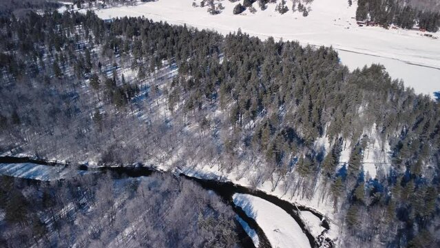 Flying over mountain river valley with snowcapped winter spurce fir forest. Aerial panoramic view of stream scenery landscape huge gorgeous mounts . Wild nature cold season sunny day wanderlust 4k 4
