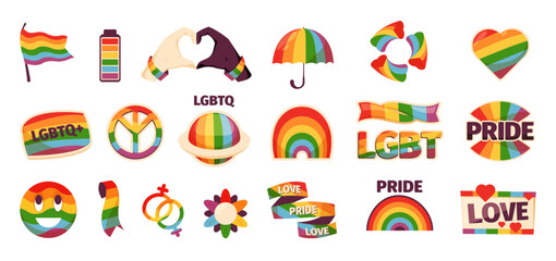 Lgbt stickers. Colorful abstract LGBT rainbow flag and symbols for lgbtq pride card design, diversity awareness concept. Vector isolated set. Pride month, Lgbtq plus community parade