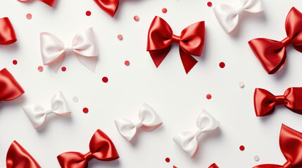 Red and white ribbon bow isolated on white, christmas card top view. 