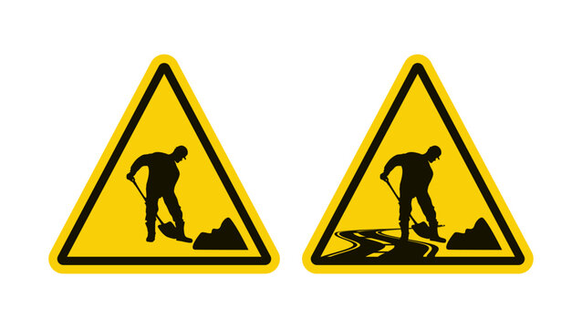 Road works sign, yellow sign with  worker