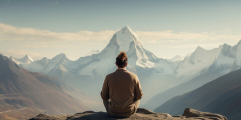 Man meditating yoga at mountains landscape. Travel Lifestyle relaxation emotional concept adventure summer vacations outdoor harmony with nature - obrazy, fototapety, plakaty
