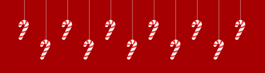 Merry Christmas Border Banner, Hanging Candy Cane Garland. Winter Holiday Season Header Decoration. Web Banner Template. Vector illustration.