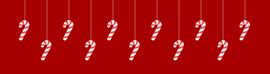 Merry Christmas Border Banner, Hanging Candy Cane Garland. Winter Holiday Season Header Decoration. Web Banner Template. Vector illustration.