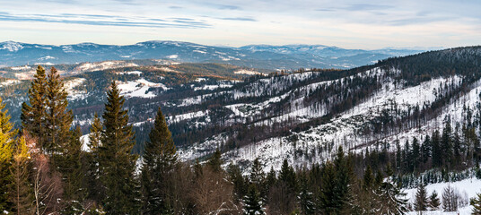 View from Wielki Stozek hill in winter Beskid Slaski mountains - obrazy, fototapety, plakaty