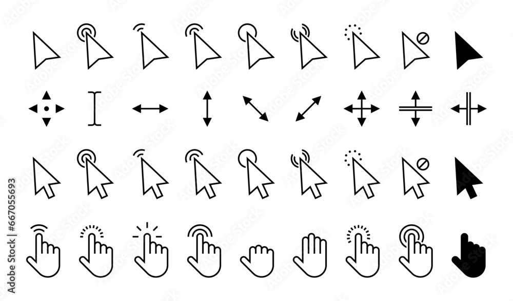 Poster pointer cursor. computer mouse click arrow icons flat style, pointing finger and text cursor. vector
