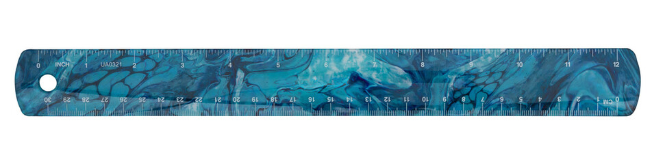 Blue plastic 12 inch ruler isolated on white