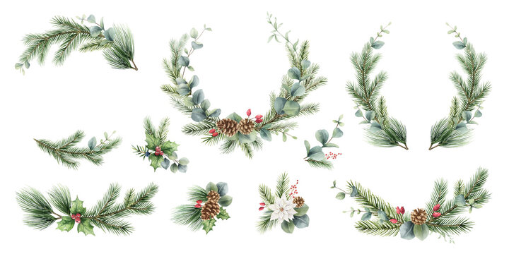 Watercolor Christmas  fir branches and eucalyptus greenery wreaths set.  Borders for holiday greeting card, invitation,  fashion, background. Hand painted illustration. Xmas template.