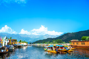  Dal Lake and the beautiful mountain range in the background, in the summer Boat Trip, of city...