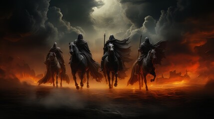 Black horsemen of apocalypse riding black horses AI - obrazy, fototapety, plakaty